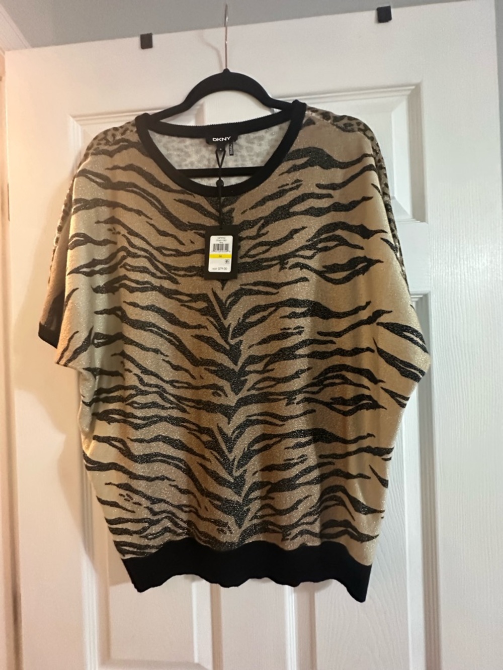 DKNY Tan and Black Zebra-Print Short Sleeve Sweater Top